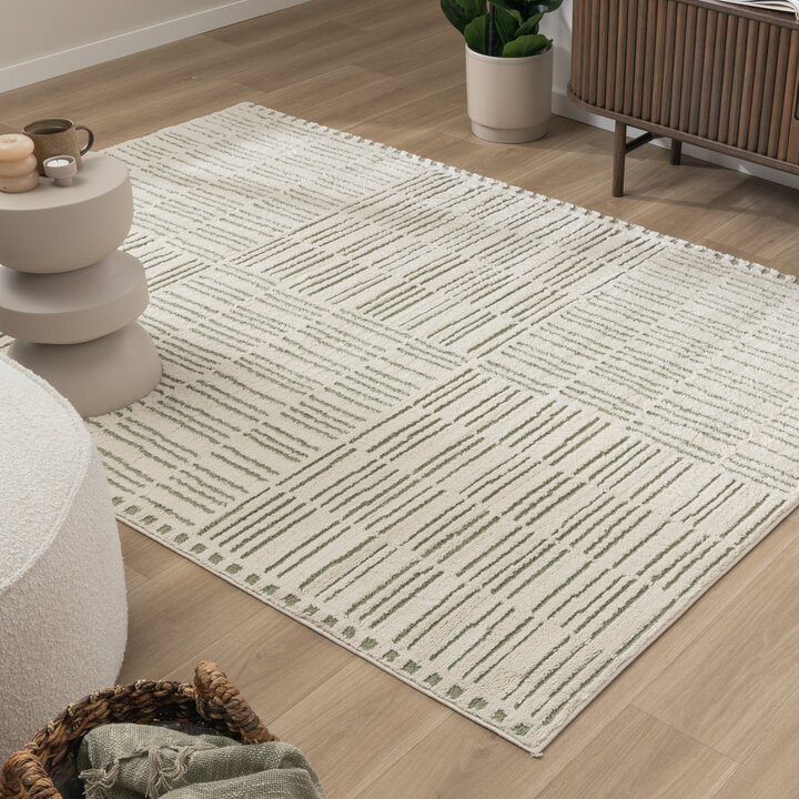 Scandinavisch vloerkleed - Yune Lines Creme/Groen